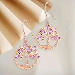 Rose Gold Tree of Life Dangle Earrings 
Rhinestone Lucky Charm Christmas Gift 🎄